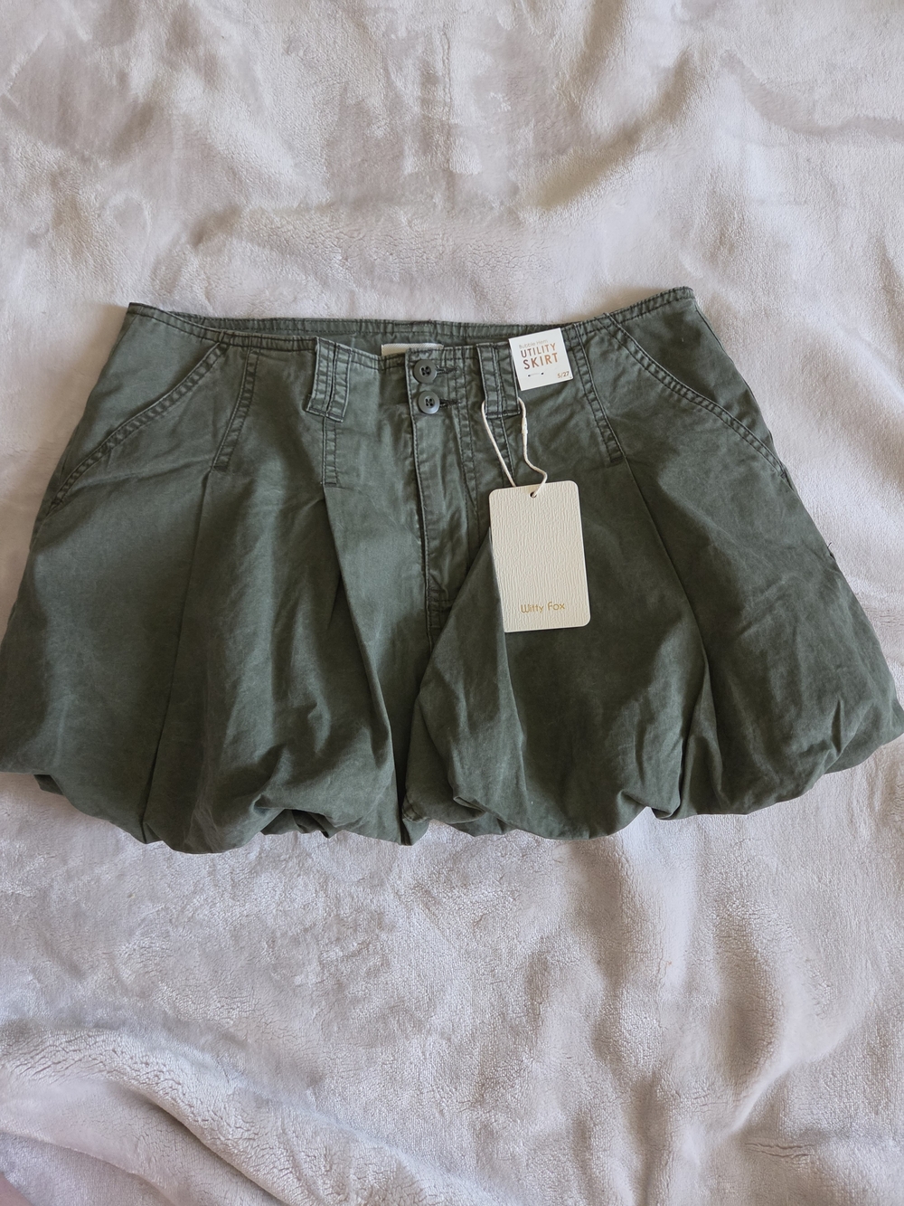 Utility Fox Olive Mini Bubble-Hem Skirt